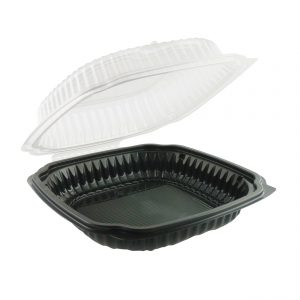 Culinary Lites CL9911 - 9" x 9" Square Hinged Clamshell Polypropylene Container 39 oz Microwavable One Compartment Black Base With One Compartment Clear Anti-Fog Tear-Away Lid