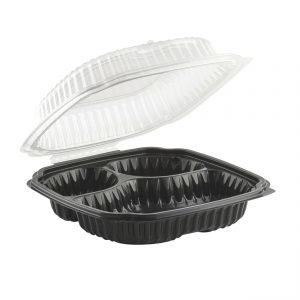 Culinary Lites CL91031 - 10.5" x 9.5" Rectangle Hinged Clamshell Polypropylene Container 26/7/7 oz Microwavable Three compartment Black Base With One compartment Clear Anti-Fog Tear-Away Lid