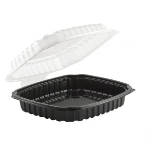 Culinary Basics CB9911B 9" x 9" Square Hinged Clamshell Polypropylene Container 36 oz Microwavable One Compartment Black Base With One Compartment Clear Anti-Fog Lid
