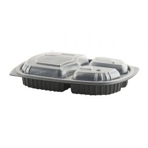 MicroRaves CDM713-LH713D - 10" x 7" Rectangle 15/5/5 oz Microwavable Three Compartment Black Base and Three Compartment Clear Lid Anti-Fog Polypropylene Combo Pack