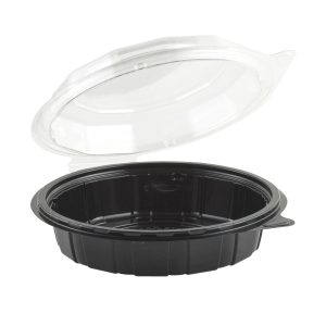 Gourmet Classics GC750S - 7.5" Round Hinged Container 20 oz RPET One Compartment Shallow Clear Base With Clear Cold Anti-Fog Tear-Away Lid