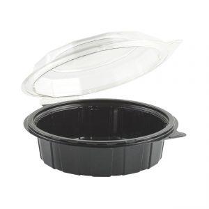 Gourmet Classics GC750D - 7.5" Round Hinged Container 26 oz RPET One Compartment Deep Black Base With Clear Cold Anti-Fog Tear-Away Lid