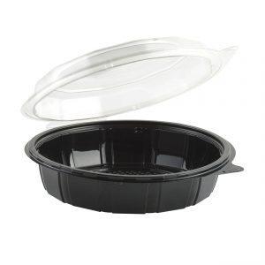 Gourmet Classics GC900D - 9" Round Hinged Container 40 oz RPET One Compartment Deep Clear Base With Clear Cold Anti-Fog Tear-Away Lid