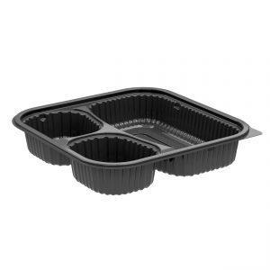 Culinary Squares CS85323B - 8" Square Polypropylene Container 21/6/6 oz Microwavable Three Compartment Black Base