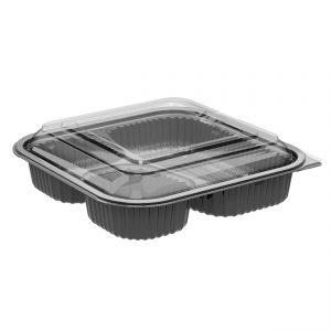 Culinary Squares CDCS85323-CS85LH1 - 8" Square Polypropylene 21/6/6 oz Microwavable Three Compartment Black Base And One Compartment Clear Anti-Fog Lid Combo Pack