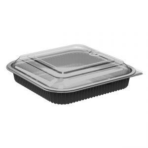 Culinary Squares CDCS85321-CS85LH1 8" Square 36 oz Microwavable Polypropylene One Compartment Black Base And One Compartment Clear Anti-Fog Lid Combo Pack