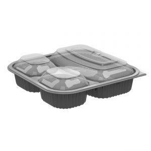Culinary Squares CDCS85323-CS85LH3 - 8" Square 21/6/6 oz Microwavable Three Compartment Black Base And Three Compartment Clear Anti-Fog Polypropylene Lid Combo Pack