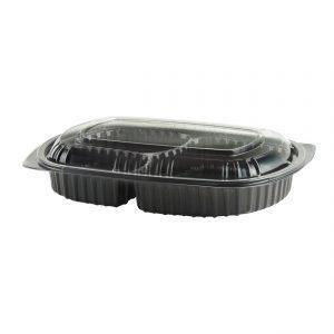 MicroRaves CDM713-LC710D - 10" x 7" Rectangle 15/5/5 oz Microwavable Three Compartment Black Base And One Compartment Clear Anti-Fog RPET Lid Combo Pack