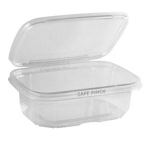 Safe Pinch TE6724 - 6" x 7" Rectangle Hinged Container 24 oz Tamper Evident Clear Base With Clear Lid RPET Pinch To Open