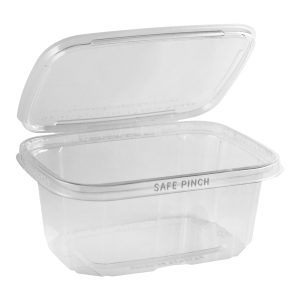 Safe Pinch TE6732 - 6" x 7" Rectangle Hinged Container 32 oz Tamper Evident Clear Base With Clear Lid RPET Pinch to Open