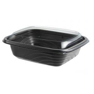 MicroRaves CDM616-LC600 - 7" x 6" Rectangle 16 oz Microwavable 1-Comp. Black BaseAnd 1-Comp. Clear Anti-Fog RPET Lid Combo Pack