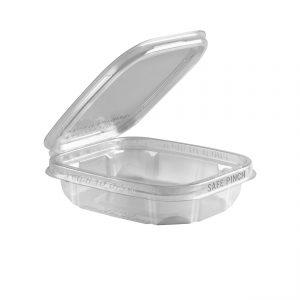 Safe Pinch TE6508 - 6" x 5" Rectangle Hinged Container 8 oz Tamper Evident Clear Base With Clear Lid RPET Pinch To Open