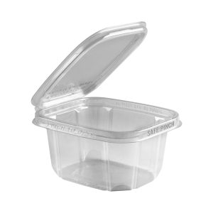 Safe Pinch TE6516 - 6" x 5" Rectangle Hinged Container 16 oz Tamper Evident Clear Base With Clear Lid RPET Pinch To Open