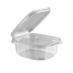 Safe Pinch TE6512 - 6" x 5" Rectangle Hinged Container 12 oz Tamper Evident Clear Base With Clear Lid RPET Pinch To Open