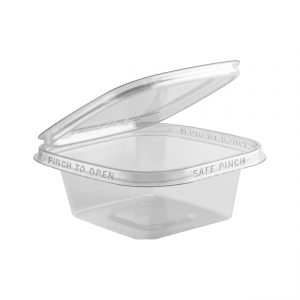 Safe Pinch TE5508 - 5" Square Hinged Container 8 oz Tamper Evident Clear Base With Clear Lid RPET Pinch To Open