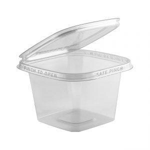 Safe Pinch TE5516 - 5" Square Hinged Container 16 oz Tamper Evident Clear Base With Clear Lid RPET Pinch To Open