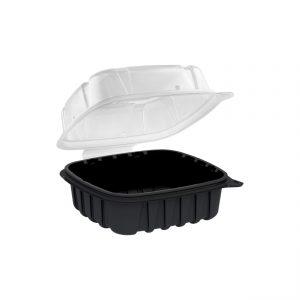 Culinary Basics CB6611-6" x 6" Hinged Clamshell Container 18 oz Microwavable One Compartment Black Base With One Compartment Clear Anti-Fog Tear-Away Lid