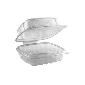 Culinary Basics CB6611C - 6" x 6" Square Hinged Clamshell Container 18 oz Microwavable One Compartment Clear Base With One Compartment Clear Anti-Fog Tear-Away Lid.