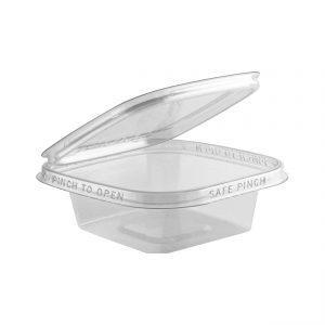 Safe Pinch TE5506 - 5" Square Hinged Container 6 oz Tamper Evident Clear Base With Clear Lid Pinch To Open
