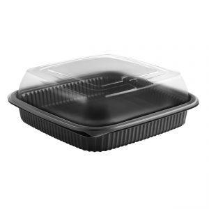 Culinary Squares CDCS85321-CS85LHX1 - 8" Square Polypropylene 36 oz Microwavable One Compartment Black Base And One Compartment Clear Anti-Fog Deep Lid Combo Pack
