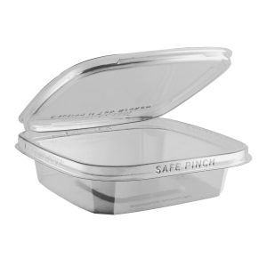 Safe Pinch TE6612 - 6" Square Hinged Container 12 oz Tamper Evident Clear Base With Clear Lid RPET Pinch To Open