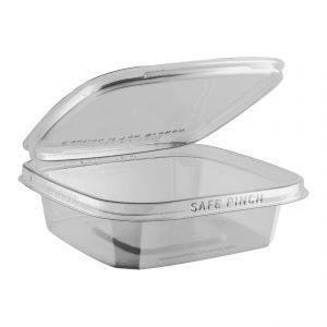 Safe Pinch TE6616 - 6" Square Hinged Container 16 oz Tamper Evident Clear Base With Clear Lid RPET Pinch To Open