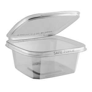 Safe Pinch TE6624 - 6" Square Hinged Container 24 oz Tamper Evident Clear Base With Clear Lid RPET Pinch To Open