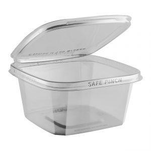 Safe Pinch TE6632 - 6" Square Hinged Container 32 oz Tamper Evident Clear Base With Clear Lid RPET Pinch To Open