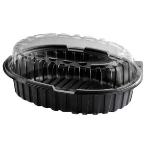 Crisp Food Technologies CF1948-CF1900L- 11" x 8.5" Oval 48 oz Microwavable Polypropylene One Compartment Black Base and One Compartment Lid Clear Anti-Fog Combo Pack