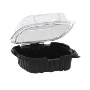 Crisp Food Technologies CF6611- 6" x 6" Square Hinged Container 18 oz- Microwavable 1-Comp. Black Base- With 1-Comp. Clear Anti-Fog Vented Lid
